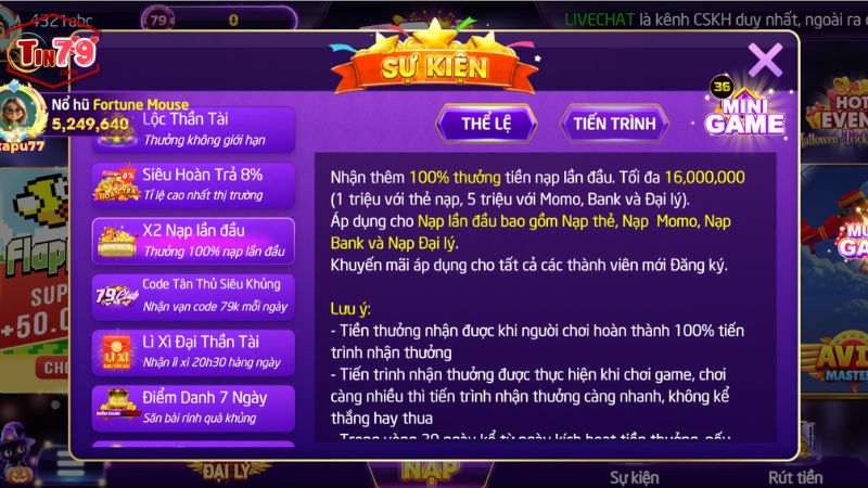 Khuyến mãi Tin79 - Cơ hội nhận quà khủng hôm nay 8 Khuyến mãi Tin79 x2 nạp lần đầu