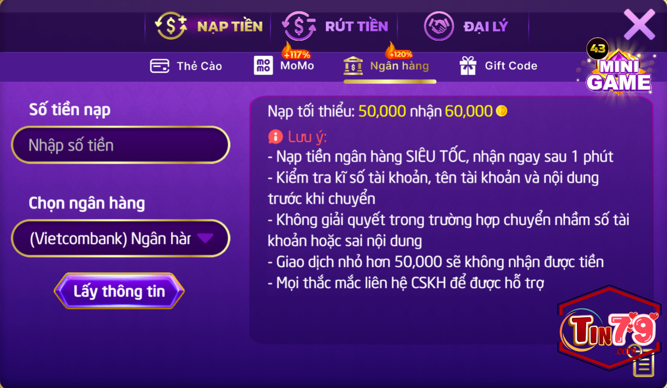 Hướng Dẫn Nạp Tiền Tin79 Chi Tiết, An Toàn Và Nhanh Chóng 7 Giao dịch qua ngân hàng